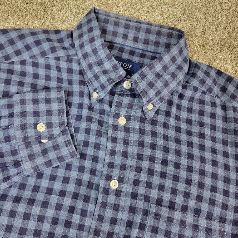 Eton‎ Slim Mens 16.5-42 Large Blue Gingham Check Button Down Long Sleeve